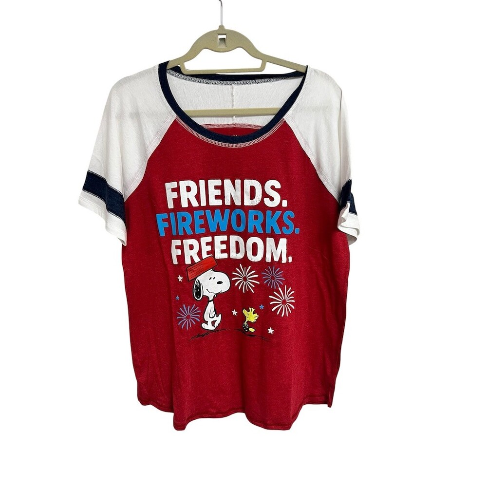 Peanuts Snoopy Woodstock T-Shirt Womens L Red White Navy Patriotic Graphic - Picture 2 of 5